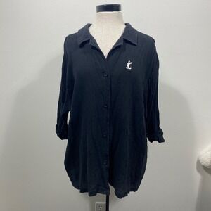 Vintage Disney Catalog Black Cotton Crepe Mickey‎ Mouse Button Down Shirt L/XL